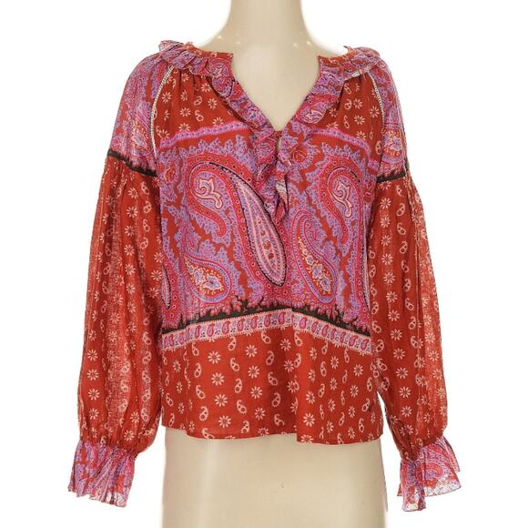 Boteh Kaleido Ruby Red Ruffle Smock Linen Cotton Peasant Blouse 1 S $235 - Picture 4 of 11